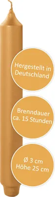 A single gold-colored candle with text overlays describing its features.