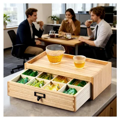 Produktbild von Teebox aus Holz mit Schublade, 8 Fächer Tee Organizer, Naturholz Massivholz Aufbewahrungsbox für Teebeutel Teekiste mit Metallgriff für Küche und Büro (Natur)