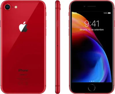 Three views of a red iPhone are displayed side-by-side against a white background.