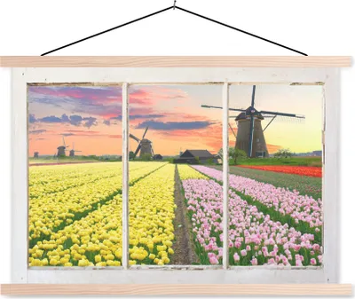 Produktbild von MuchoWow® Textilposter Ansicht - Tulpen - Mühle 120x80 cm mit holzfarbenen Rahmen - Aufhängeset