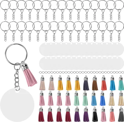 Produktbild von 30er Set Acryl Schlüsselanhänger Rohlinge – handbemalbar, rund mit Quasten & Sprungringen – Ideal für DIY, Geschenke & Basteln
