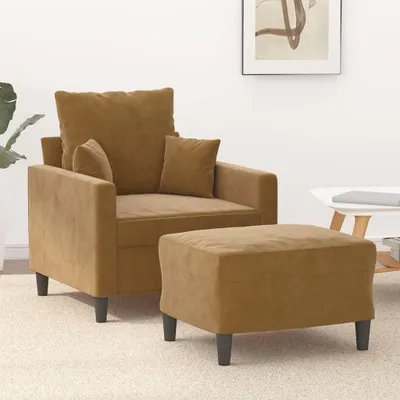 Zdjęcie produktu dla Fotel z podnóżkiem, kolor brązowy, 60 cm, obity welurem, wygodny, idealny do relaksu, solidna konstrukcja, do salonu, nowoczesny design