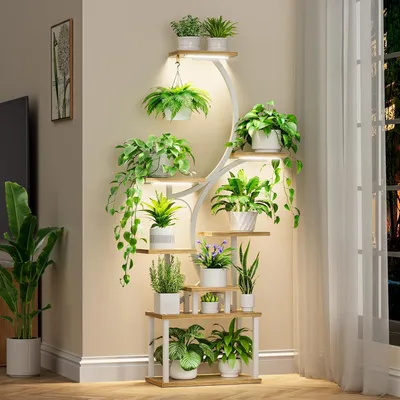 Immagine prodotto di Supporto per piante da interno - Scaffale per piante - Porta fiori - Lampada di coltivazione - Scaffale per piante con illuminazione - 8 ripiani - A forma di "S"