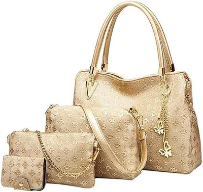 Imagen del producto de Conjunto de 4 bolsos de mujer Unyqoos®: bolso grande (33x13x24 cm), bolso de hombro (23x7x17 cm), cartera (17x2x12 cm) y estuche para tarjetas (11x8 cm). Fabricados en cuero sintético, con forro de poliéster y herrajes dorados