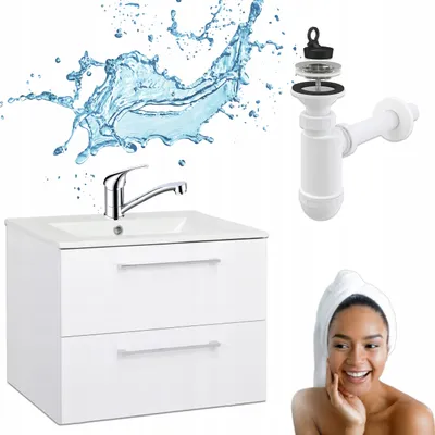 Image de Stamar | Meuble de salle de bains avec lavabo, suspendu, 50 cm brillant, robinetterie chromée tournante, demi-siphon