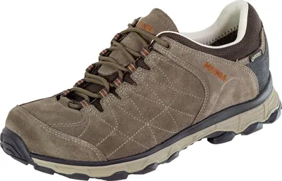 A single brown hiking shoe is shown from a diagonal angle against a white background.