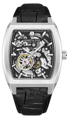 Imagen del producto de Reloj de pulsera automático Kenneth Cole, correa de cuero curva, color , detalles plateados