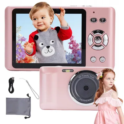 Productafbeelding van Digitale camera voor kinderen, 4K, 64MP, 18x zoom, 2,8 inch scherm, compacte mini-camera, geschikt voor selfies, zakformaat, roze, reiscamera