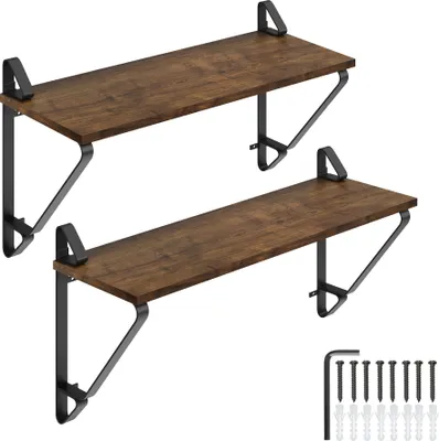 Two wall shelves are displayed against a white background. The shelves have a wood grain texture and black metal brackets. A set of screws and wall anchors are shown in the bottom right corner.