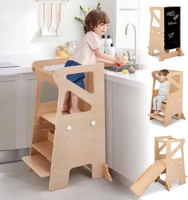 Produktbild von Montessori-Lerntürmchen mit Rutschbahn und verstellbarer Höhe - Kreativtisch und multifunktionaler Lernstuhl für Kinder ab 1 Jahr