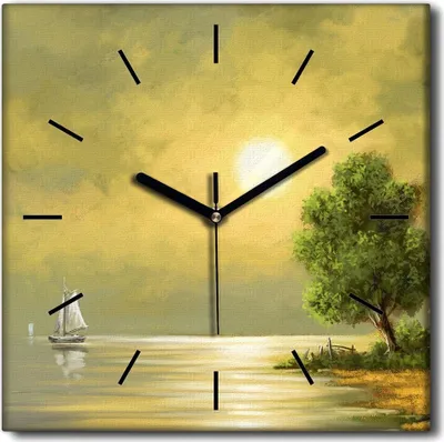Produktbild von Coloray Uhr auf Leinwand 30x30 cm Wand Uhr Dekoration Wohnzimmer Segeltuch schwarze Hände -Baum-Bootslandschaft.