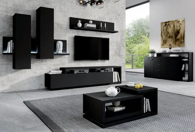 Produktbild von Wohnzimmer-Set 5-tlg Anbauwand Couchtisch Modern Grifflos Schwarz Matt 79863267