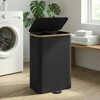 Produktbild von SONGMICS Wäschekorb mit Deckel, Wäschesammler, Wäschesortierer, Wäschesack herausnehmbar, 2 Fächer, 150 Liter, schwarz