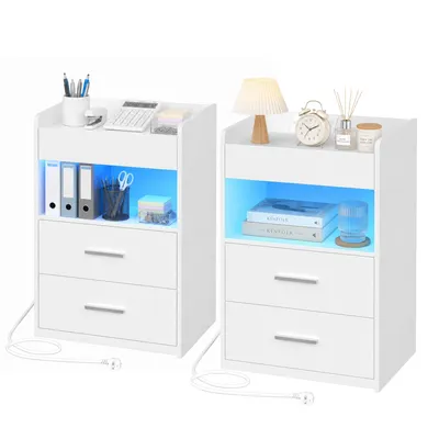 Produktbild von Nachttisch 2er Set, Beistelltisch mit Tablett, Nachtschrank mit Ladefunktion & LED-Beleuchtung, 2 Schubladen, Modern, für Schlafzimmer, Wohnzimmer