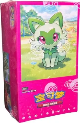 A pink box of Pokemon trading cards with a cartoon cat-like creature on the front.