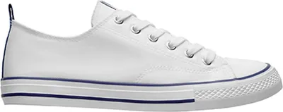 A side view of a white canvas sneaker with blue accents.