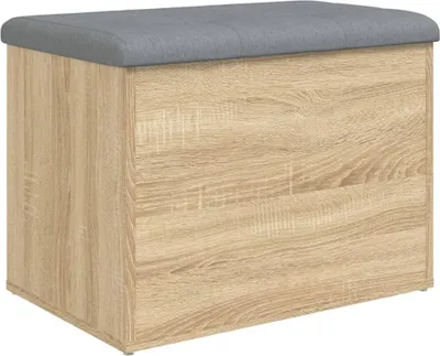 A storage bench with a gray upholstered top and a wood-effect body.