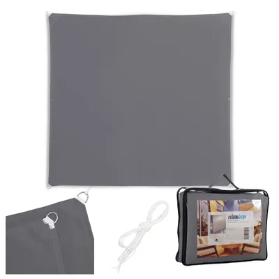 Obrázek produktu pro Sluneční plachta Relaxdays, 2 x 2 m, polyester, voděodolná, s očky a napínacími lany, čtvercová sluneční plachta, tmavě šedá