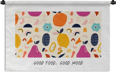 Produktbild von MuchoWow® Wandteppich Wandbehang Zitate - Sprichwörter - Gutes Essen, gute Laune - Essen 60x40 cm Tapisserie Dekoration Wandtuch - Wanddekorationen