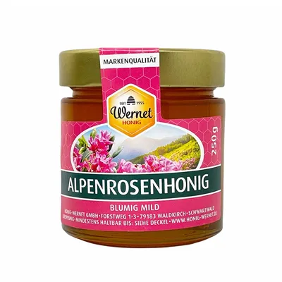 Produktbild von Honig Wernet Traditionsimker im Schwarzwald flüssiger Alpenrosenhonig im 250g Glas