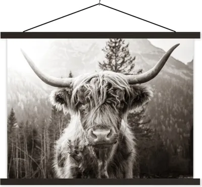 Produktbild von MuchoWow® Textilposter Scottish Hochlandrind - Schwarz - Weiß 40x30 cm mit schwarzem Rahmen - Dekorationen