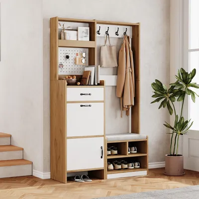 Produktbild von STILVORA Flurschrank mit Schuhschrank und Sitzbank,Garderobe mit Kleiderhaken und offenem Stauraum,Schuhschrank mit Schublade, Klappfach und Schranktür