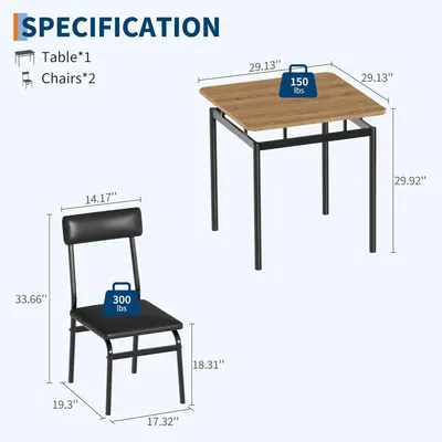 Immagine prodotto di Set da pranzo per 2 persone: tavolo da cucina con 2 sedie imbottite. Design industriale. Struttura in metallo. Ideale per cucine piccole,da pranzo, appartamenti. Colore: nero