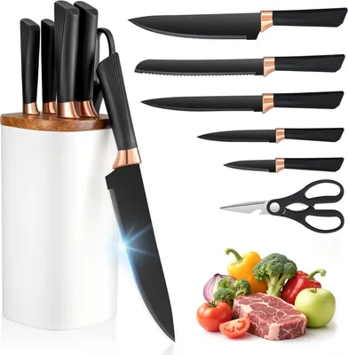Produktbild von Küchenmesser-Set 6-teilig aus rostfreiem Stahl mit Messerblock Weiß