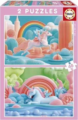 Image de Puzzle Licornes Magiques EDUCA, 2 x 48 pièces, Thème Fantastique, Pour Enfants 4 ans et plus, 28 x 20 cm