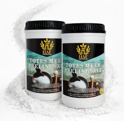Produktbild von HAF – Totes Meer Peelingsalz (2 x 1 kg Dose) – Naturreines Körper-Peeling aus Jordanien. Für trockene Haut & Gesicht in Sauna oder Dusche verwendbar