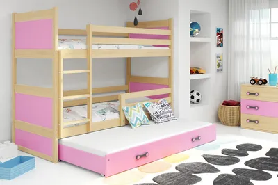 Obrázok produktu pre Detská poschodová posteľ s prístelkou a matracom 90x200 FERGUS - borovica / ružová