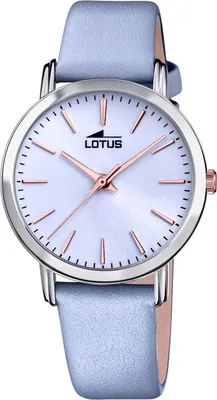 A close-up studio shot of a women's wristwatch with a light blue leather strap and a white dial.