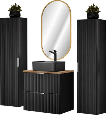 Produktbild von Badmöbel Komplett Set mit schwarzem Keramik Aufsatzwaschbecken, matt schwarz mit Eiche Nb., Front gerillt, ADELAIDE-56-BLACK, B/H/T ca. 160/200/46,5 cm