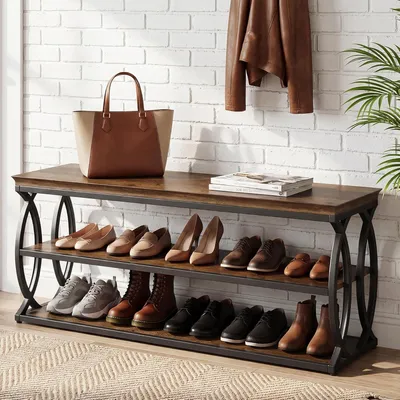 Produktbild von Tribesigns Schuhbank, 3-stöckiges Schuhregal Holz Industriestil mit Stauraum, rustikaler Schuhorganizer mit robustem Metallrahmen für Flur