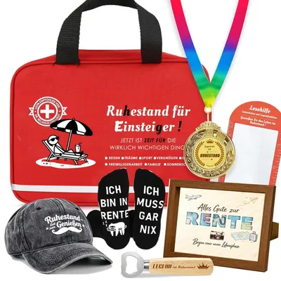 Immagine prodotto di Set regalo per pensionati: borsa, calzini, berretto, apribottiglie, cornice per foto, medaglia, biglietto di auguri