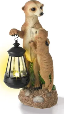 A solar-powered garden ornament featuring two meerkats, one holding a lantern.
