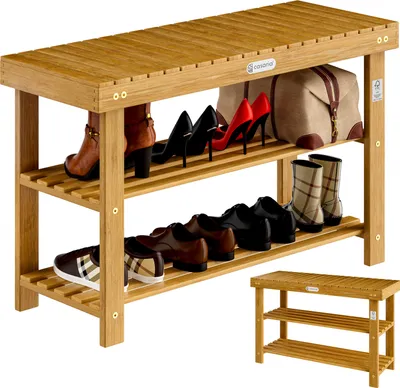 Image de Casaria® 2en1 Meuble à chaussures avec Banc en bois d'acacia robuste étagère à chaussures 2 tablettes rangement armoire