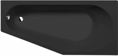 A black asymmetrical bathtub is shown from a top-down perspective against a white background.