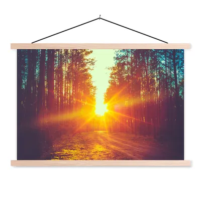 Produktbild von MuchoWow® Textilposter Sonnenuntergang - Bäume - Wald - Natur 120x80 cm mit holzfarbenen Rahmen - Aufhängeset
