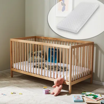 Produktbild von Kids Collective Babybett Kinderbett Gitterbett 60x120 und 70x140 cm mit Matratze höhenverstellbarer Lattenrost & herausnehmbare Sprossen stabiles Buchenholz | ab Geburt bis 3. Lebensjahr | natur