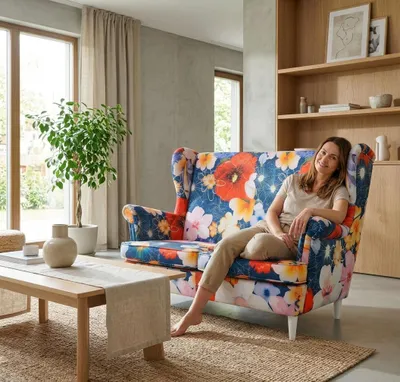 Produktbild von Sofa ARI Print Flowers – Mohnblumen-Design, Webstoff in Blau, Family Meble, KI-generiertes Bild