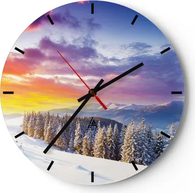 Produktbild von Wanduhr - Rund - Glasuhr - Berge Schnee Winter - 40x40cm - Schleichendes Uhrwerk - Lautlos - zum Aufhängen bereit - Dekoration Modern - Wanddekoration aus Glas - C3AR40x40-3605