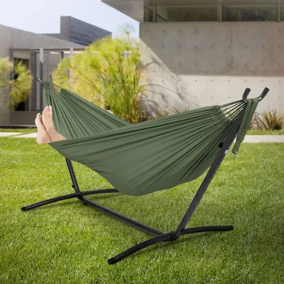 Produktbild von ML-Design Doppel Hängematte mit Gestell, Khaki, für 2 Personen, inkl. Tragetasche