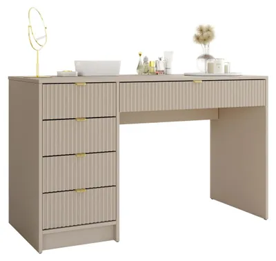 Produktbild von MIRJAN24 Schreibtisch / Schminktisch Tireno mit 5-Schubladen, Fronten gefräst, Aluminiumgriffe in der Farbe Gold, universell - Links / Rechts (Farbe: Sandbeige)