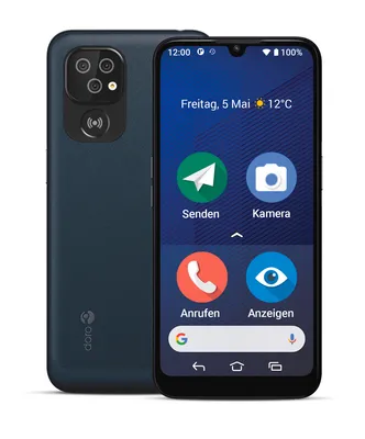 A Doro smartphone is shown from the front and back against a white background.