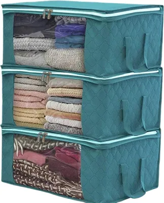 Produktbild von Faltbare Aufbewahrungsboxen 3er-Pack, Stoffaufbewahrungstaschen mit Reißverschluss, 48 x 35 x 20 cm, Blau