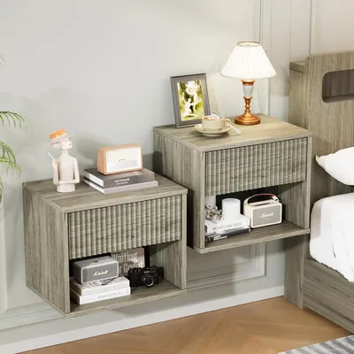 Produktbild von FCH Nachttisch Hängend 2er Set, Nachtschrank Wandregal mit Schublade, offenem Fach, 40 x 30 x 33cm Grau Eiche