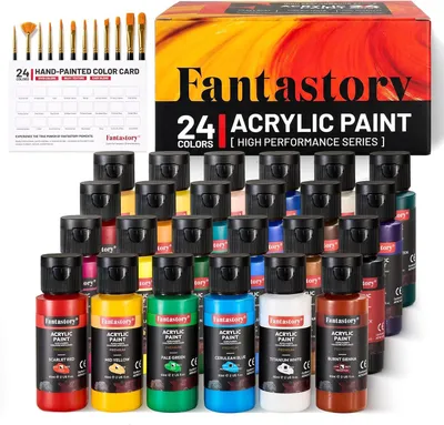 Productafbeelding van Master acrylverfset 24 x 60 ml - Hooggepigmenteerde acrylverf met 12 penselen en kleurenkaart - Niet-giftig en waterbestendig - Canvas - Hout