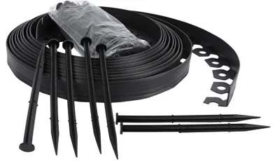 Produktbild von Schwarze flexible Kunstraseneinfassung, Garteneinfassung, Rasenkante, Mähkante + Anker 10 Meter + 30 Befestigungsnägel