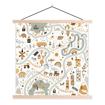 Produktbild von MuchoWow® Textilposter Auto - Tiere - Kinder - Straßen 120x120 cm mit holzfarbenen Rahmen - Textil-Poster